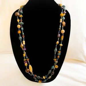 Layered Metal Resin Wooden Bead Strands Necklace